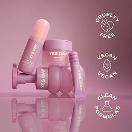 YES DAY skincare lineup shown with cruelty-free, vegan and clean formula icons.
