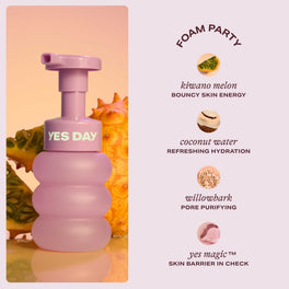 YES DAY Float Foam Face Cleanser in front of a kiwano melon with ingredient callouts for kiwano melon, coconut water, willowbark and Yes Magic.