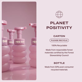 YES DAY Float Foam Face Cleanser bottles featured with sustainability message—reusable packaging and refill-ready design.