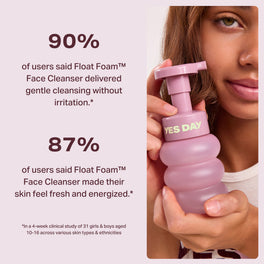 YES DAY founder Coco holding Float Foam Cleanser with consumer testing results indicating 90% said it gently cleansed skin and 87% said skin felt fresh and energized after use.