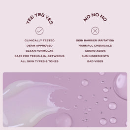 YES DAY Lip Sweetie Lip Mask texture swatch and Inner Beam Hydration Mist product droplets shown beside gentle, skin-friendly icons with YES YES YES and NO NO NO ingredient callouts.