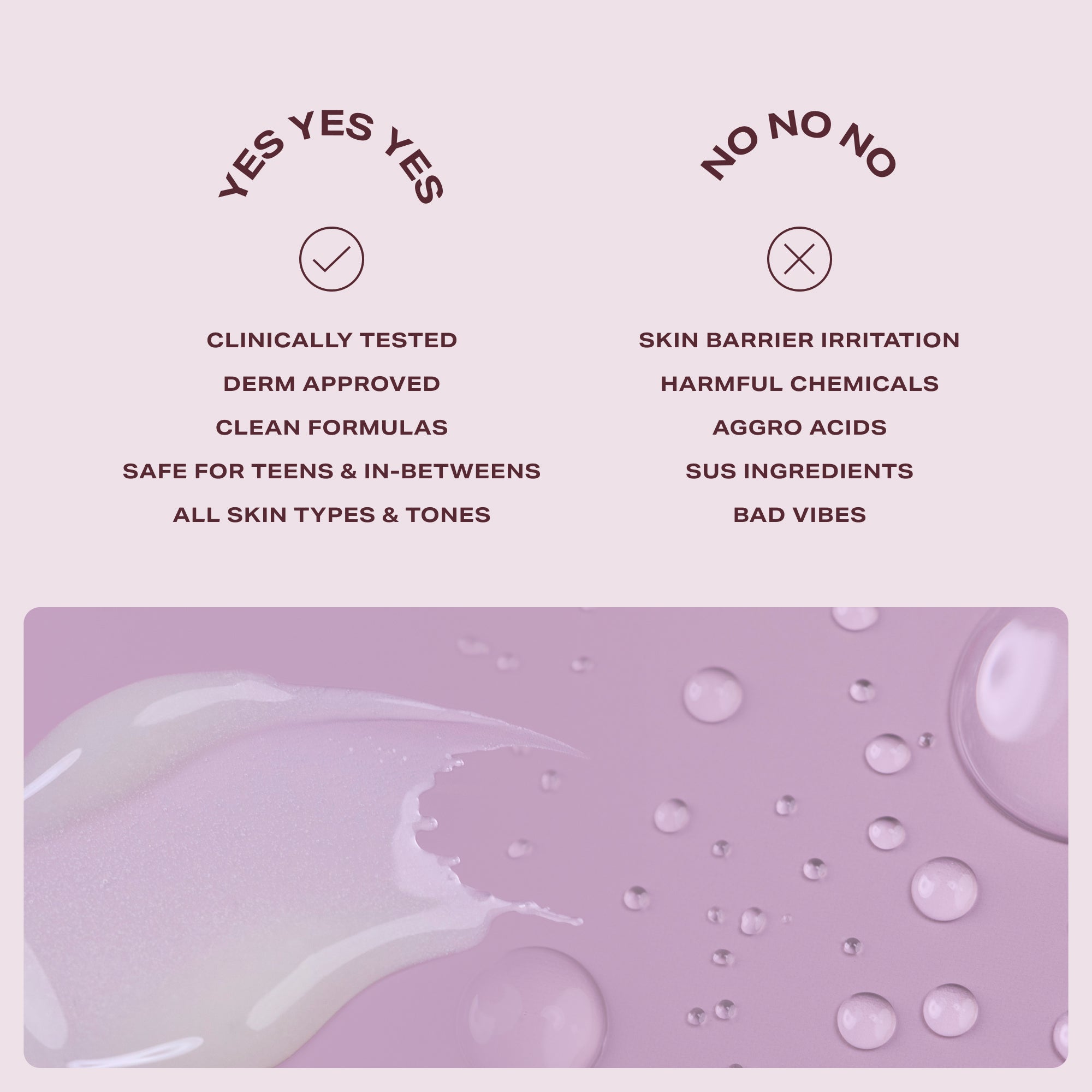 YES DAY Lip Sweetie Lip Mask texture swatch and Inner Beam Hydration Mist product droplets shown beside gentle, skin-friendly icons with YES YES YES and NO NO NO ingredient callouts.