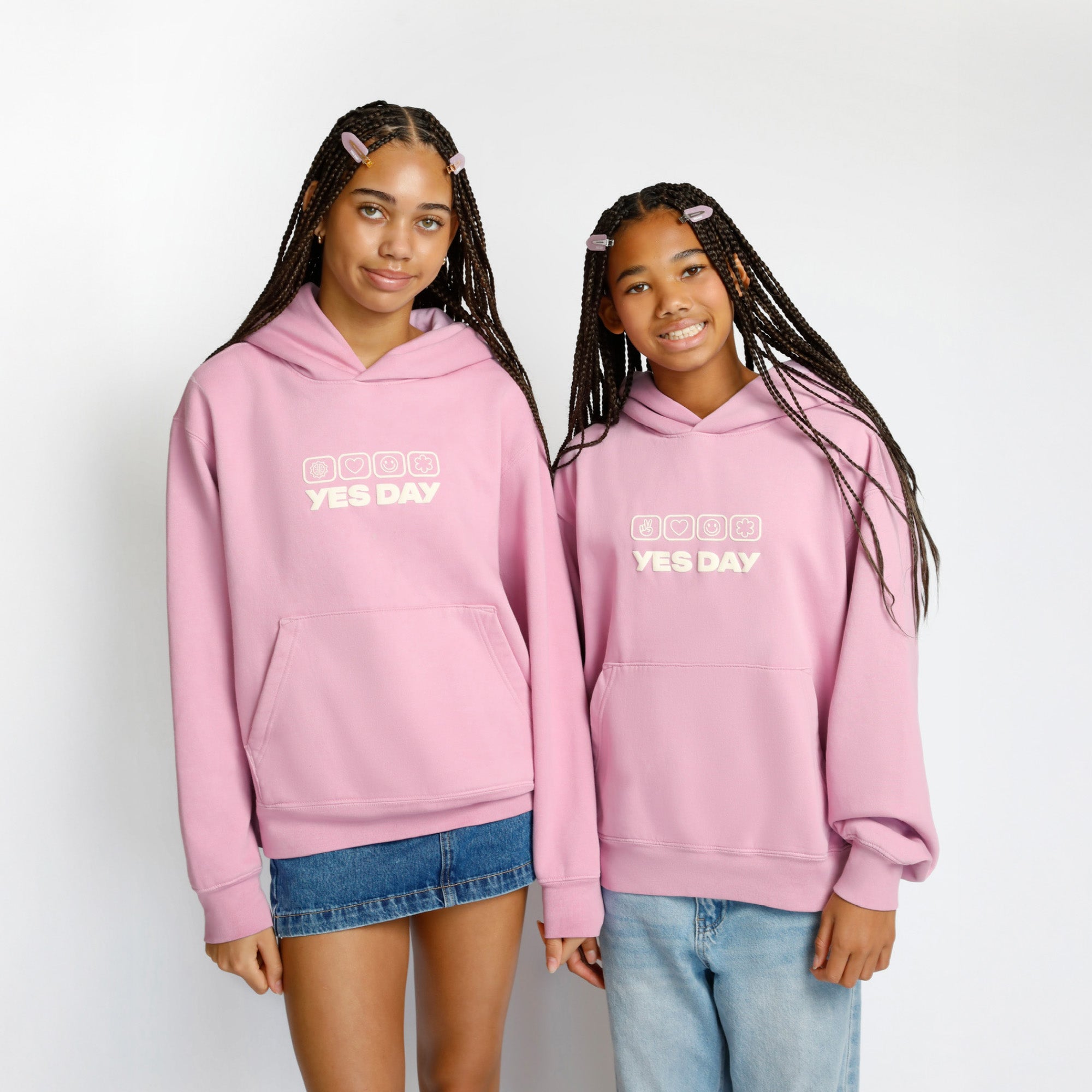 YES DAY founder Coco and her sister wearing YES DAY Good Feels Hoodie Sweatshirts.