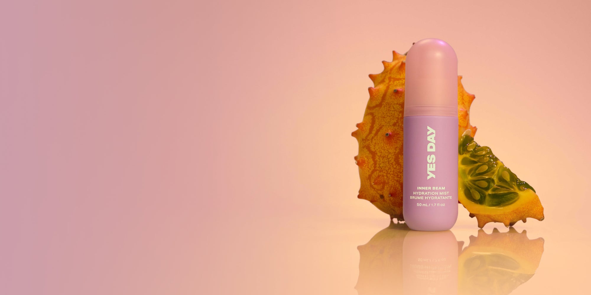 YES DAY Inner Beam Hydration Mist for teen skin, shown with a spiky kiwano melon—clean, gentle skincare for teens and tweens.