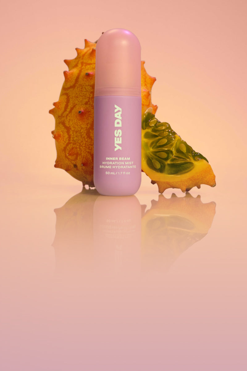 YES DAY Inner Beam Hydration Mist for teen skin, shown with a spiky kiwano melon—clean, gentle skincare for teens and tweens.