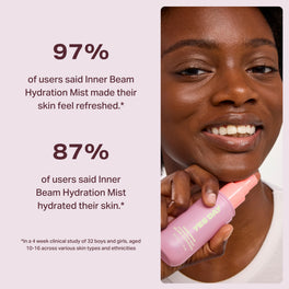 YES DAY teen model holding Inner Beam Hydration Mist with consumer testing results indicating 97% said skin felt refreshed and 87% said skin felt hydrated after use.