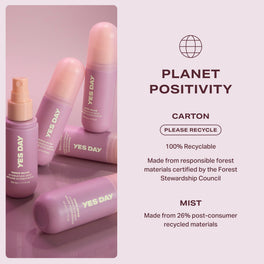 YES DAY Inner Beam Hydration Mist bottles shown with sustainability message highlighting eco-conscious packaging.