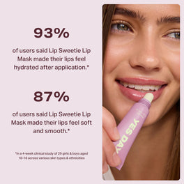 YES DAY teen model holding Lip Sweetie Lip Mask with consumer testing results indicating 93% said lips felt hydrated after application and 87% said lips felt soft and smooth.