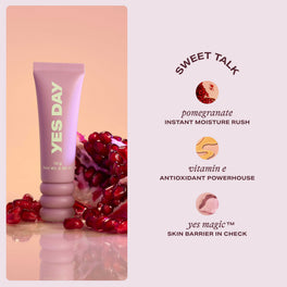 YES DAY Lip Sweetie Lip Mask surrounded by pomegranate arils with ingredient callouts for pomegranate, vitamin E and Yes Magic.