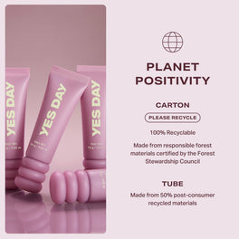 YES DAY Lip Sweetie Lip Mask tubes shown with sustainability message about recyclable packaging.
