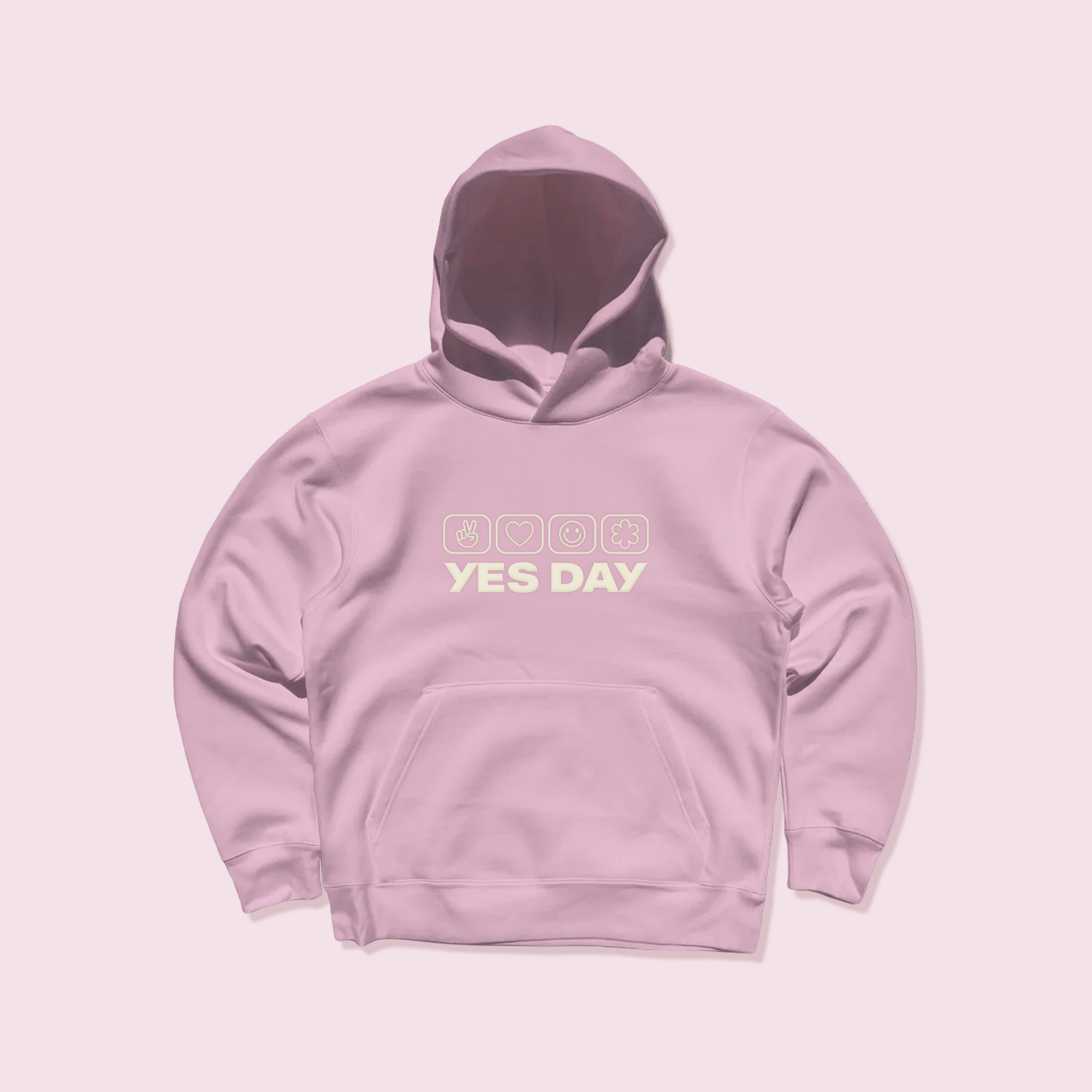 YES DAY Good Feels Hoodie Sweatshirt with YES DAY logo shown on a pink background.