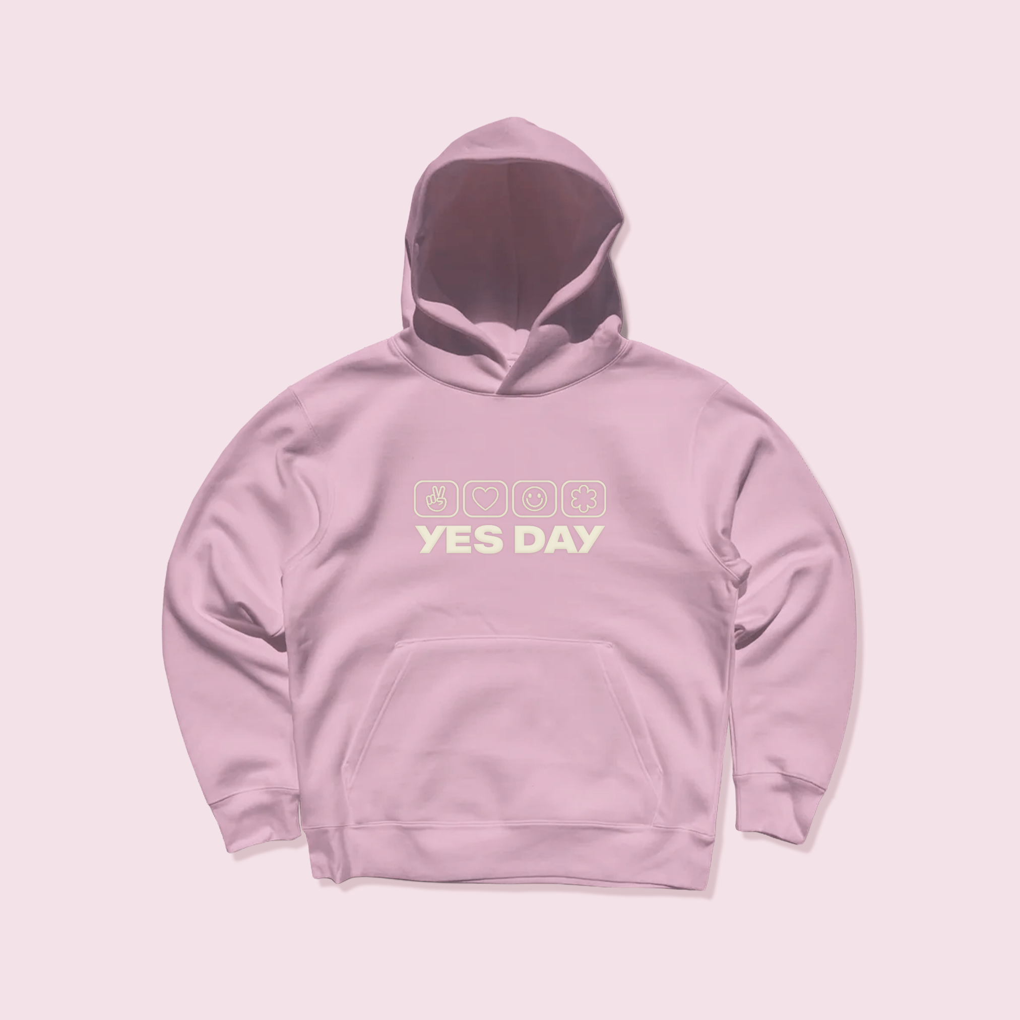 YES DAY Good Feels Hoodie Sweatshirt with YES DAY logo shown on a pink background.
