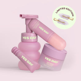 YES DAY Sleepover Set featuring Float Foam Cleanser, Whip Dream Moisturizer, Inner Beam Hydration Mist and Lip Sweetie Lip Mask.