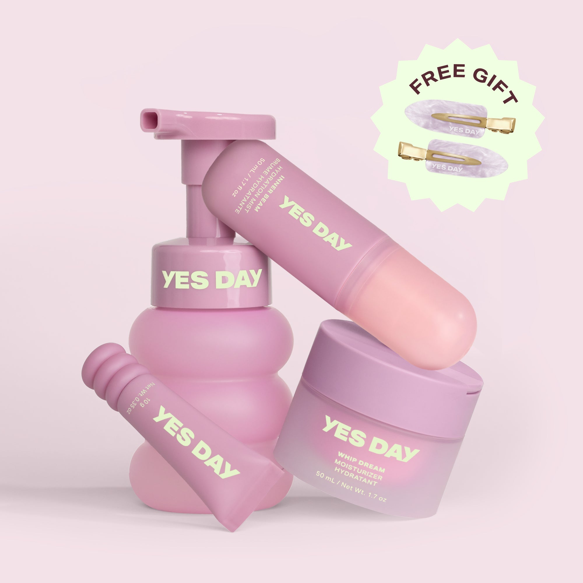 YES DAY Sleepover Set featuring Float Foam Cleanser, Whip Dream Moisturizer, Inner Beam Hydration Mist and Lip Sweetie Lip Mask.