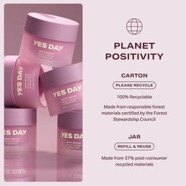 YES DAY Whip Dream Moisturizer jars shown with sustainability messaging in text.
